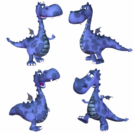 Illustration of a pack of four  4  blue dragons with different poses and expressions isolated on a white background - 3of3の写真素材
