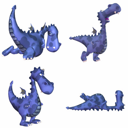 Illustration of a pack of four  4  blue dragons with different poses and expressions isolated on a white background - 1of3の写真素材