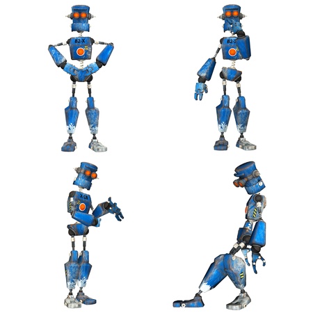 Illustration of a pack of four  4  blue robots with different poses isolated on a white background - 3of3の写真素材