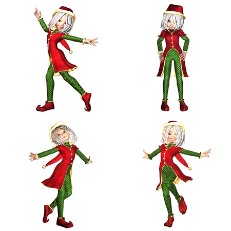Illustration of a pack of four  4  christmas elves with different poses and expressions isolated on a white background - 4of6の写真素材