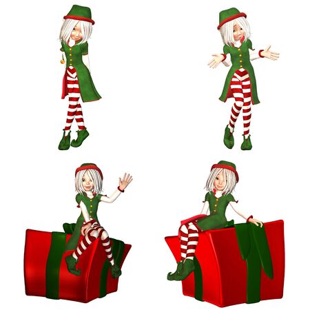 Illustration of a pack of four  4  christmas elves with different poses and expressions isolated on a white background - 1of6の写真素材