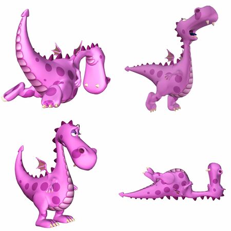 Illustration of a pack of four  4  pink female dragons with different poses and expressions isolated on a white background - 3of3の写真素材
