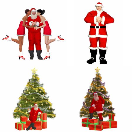 Illustration of a pack of four  4  Santa Claus with christmas tree, presents and friends isolated on a white background - 2of2の写真素材