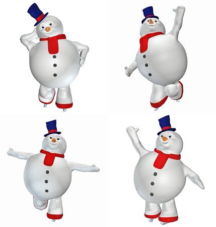 Illustration of a pack of four  4  snowmen with different poses and expressions isolated on a white background の写真素材