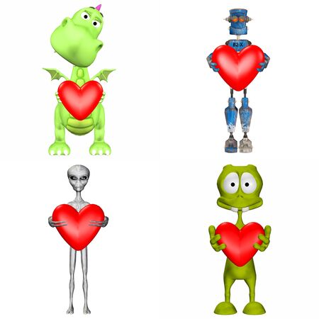 Illustration of a pack of four  4  cartoon characters holding a heart isolated on a white background - 2of3の写真素材