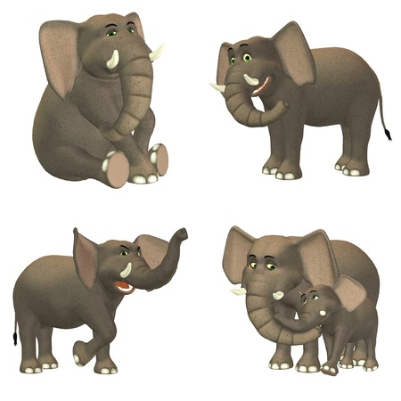 Illustration of a pack of four  4  elephants with different poses and expressions   isolated on a white backgroundの写真素材