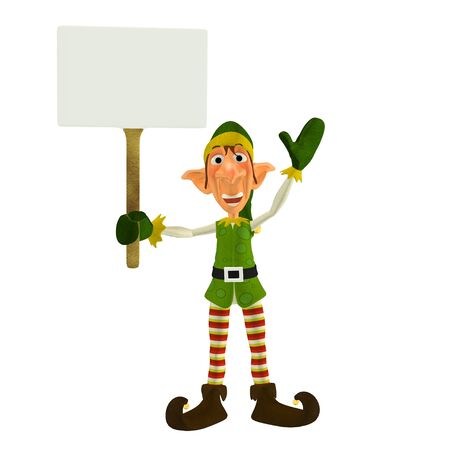 Illustration of a christmas elf holding a sign isolated on a white backgroundの写真素材