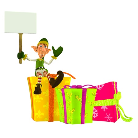 Illustration of a christmas elf sitting on presents holding a sign isolated on a white backgroundの写真素材