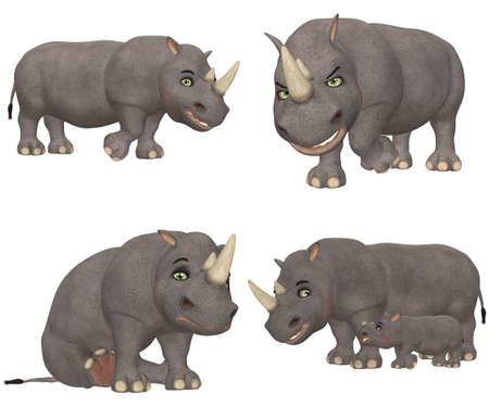 Illustration of a pack of four  4  rhinoceros with different poses and expressions isolated on a white backgroundの写真素材