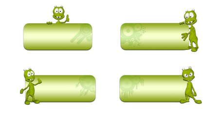 Illustration of a pack of four  4  different green aliens in front of a blank banners on a white backgroundの写真素材
