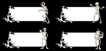 Illustration of a pack of four  4  different skeletons in front of a halloween themed banner on a black backgroundの写真素材