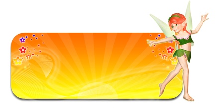 Illustration of a fairy in front of a yellow and orange summer themed header banner on a white backgroundの写真素材