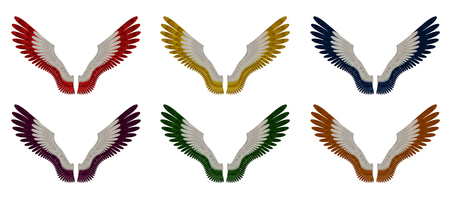 Illustration of a pack of six differently coloured angel wings, red, yellow, orange, blue, purple and green, on a white background の写真素材