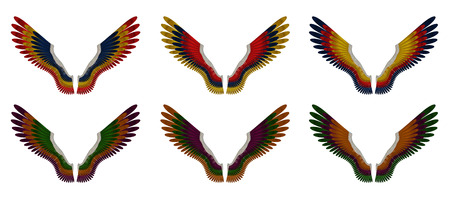Illustration of a pack of six differently coloured angel wings, red, yellow, orange, blue, purple and green, on a white background の写真素材