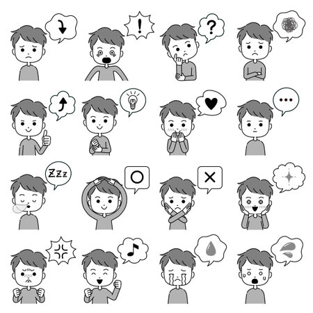 Male emotional expression illustration with speech bubble monochromeのイラスト素材