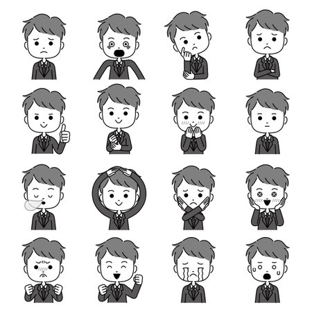 Illustration of a man who makes various facial expressions with gestures monochromeのイラスト素材