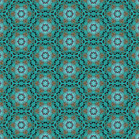 kaleidoscope pattern created and motivated with wooden door and metal doorknob at buddhist temple. embroidered pattern with Hexagon mainlyの写真素材