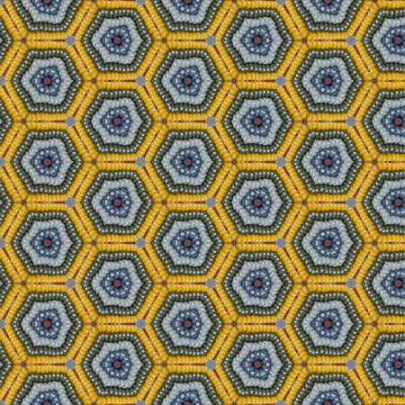 kaleidoscopic pattern motivated from colorful Korean rice cake.The hexagonal shapes of various sizes are radially spread out.の写真素材