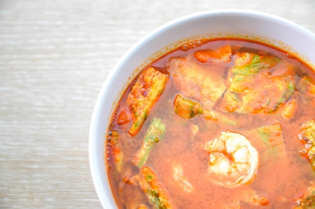 hot and sour curry with tamarind sauce, shrimp and omeletの写真素材