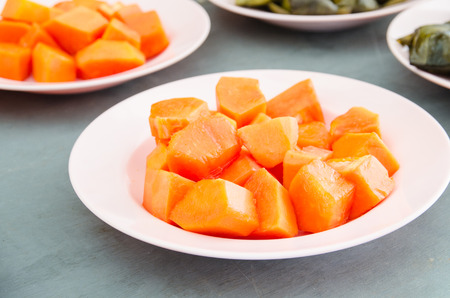 Papaya fruit in dishの写真素材