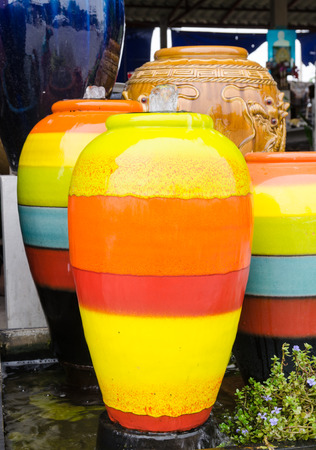 Colored Jar fountain for garden decorateの写真素材