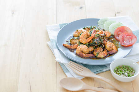 Thai food, shrimp with hot basil.の写真素材