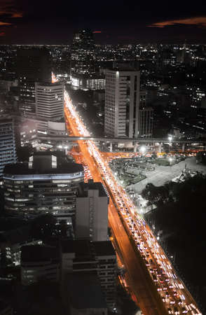 Bangkok highway traffic jam at night  Aerial shotの写真素材