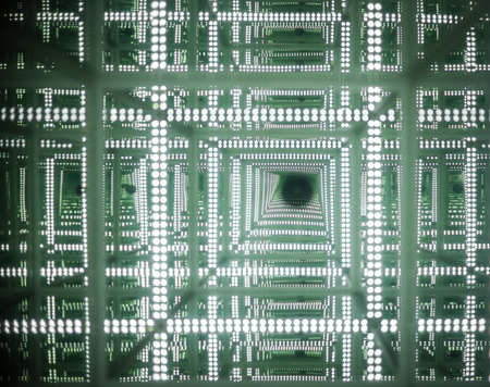 Green light reflection tunnel abstract of moving through time. Able to use as technology abstrat background.の写真素材