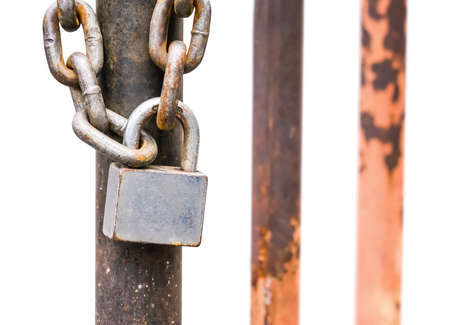 Rusty chain padlock isolated on white in concept of old security