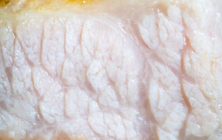 Macro shot: Cross section of the juicy pork steak showing the fat and tissue texture