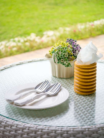 Well prepared dining table beside the green garden