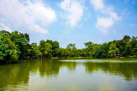 beautiful reflecting trees and blue sky on pond in park of Silpakorn University, Nakhonpathom
