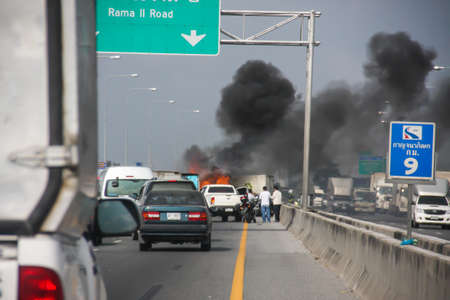 small truck with Truck caps car explosive car crash and catch fire on Kanjanapisek road, Bangkok...