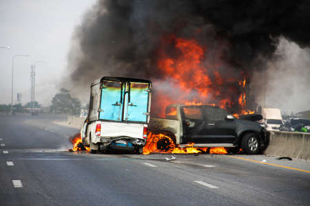 small truck with Truck caps car explosive car crash and catch fire on motorway
