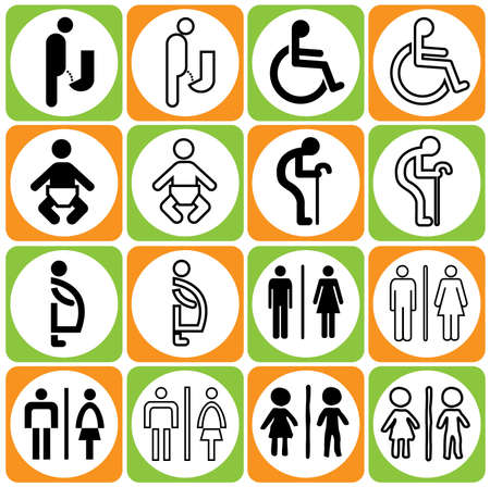 modern style of colorful toilet sign with baby, men, women, pregnant women, aged, handicapped in art style design, vector setのイラスト素材
