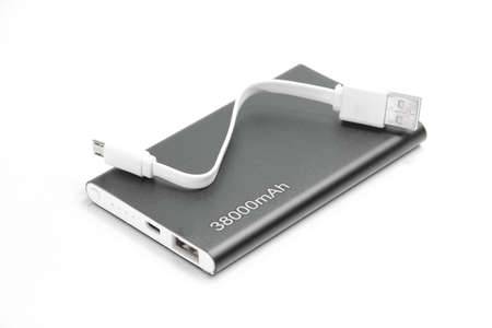 black power bank and usb charge on white background