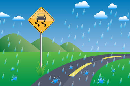 slippery sign road beside street on green grass, mountain view, blue sky and cloud in rainy day, vector illustrationのイラスト素材