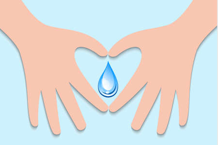 World water day sign symbol with hand make heart for water drop on soft blue backgroundのイラスト素材