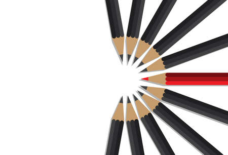 red pencil standing front of black crowd, leadership, initiative, think different, teamwork, business conceptのイラスト素材