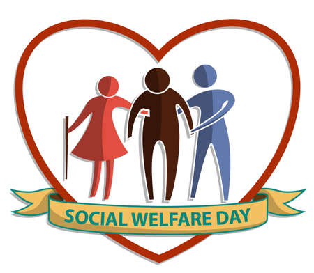 Social Welfare Day, vector flat symbol sign with old man and woman supporting the elderly on heart backgroundのイラスト素材