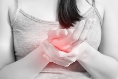 Acute pain in a woman wrist isolated on white background.の写真素材