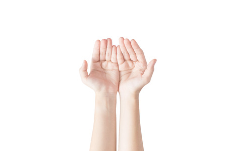 Woman protecting care hand isolated on white background.の写真素材