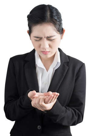 Acute pain in a woman hand isolated on white background. Clipping path on white backgroundの写真素材