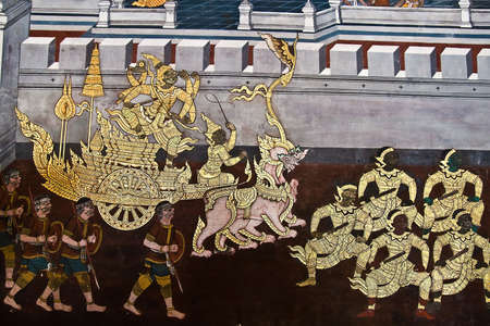 Thai Mural Painting on the wall, Wat Phra Kaew, Bangkok, Thailandのeditorial素材
