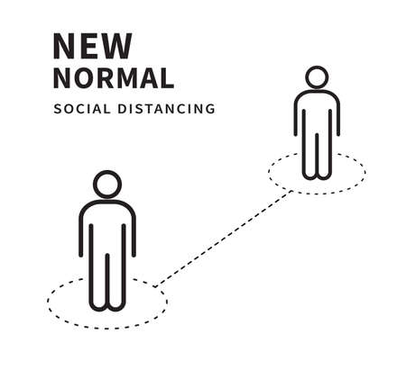 After the epidemic the Covid-19. People change to new normal. Social distancing. Keep the 1-2 meter distance. Coronovirus epidemic protective. Vector illustrationのイラスト素材
