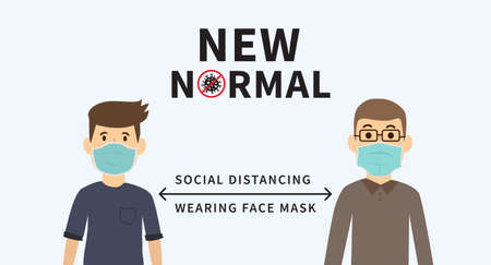 New normal after the epidemic the Covid-19. Social distancing. Space between people to avoid spreading COVID-19 Virus. Keep the 1-2 meter distance. Wearing face mask. Vector illustrationのイラスト素材