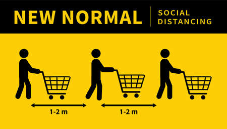 After the epidemic the Covid-19. People change to new normal. Social distancing. Keep the 1-2 meter distance in stores. During the coronavirus epidemic. Vector illustrationのイラスト素材