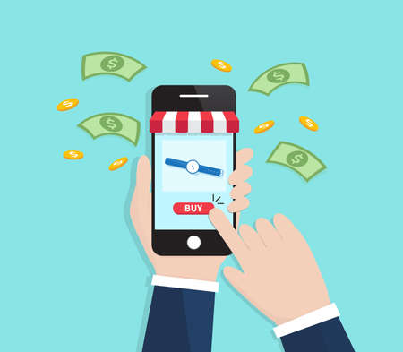 Businessmen Shopping Online With Smartphone. E-commerce concept. Vector illustrationのイラスト素材