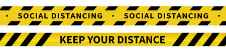 Warning Covid-19 quarantine tapes. Black and yellow line striped. Vector illustration