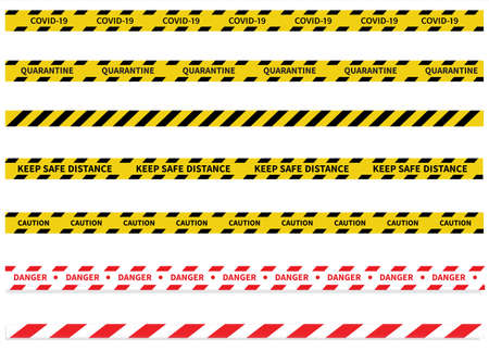 Warning Covid-19 quarantine tapes. Black and yellow line striped. Vector illustrationのイラスト素材